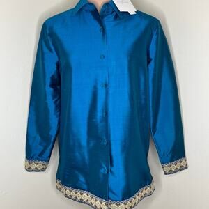 Silk Lore by Beth Terrell Jacket Small Women Blue Pure Silk Tapestry Trim New